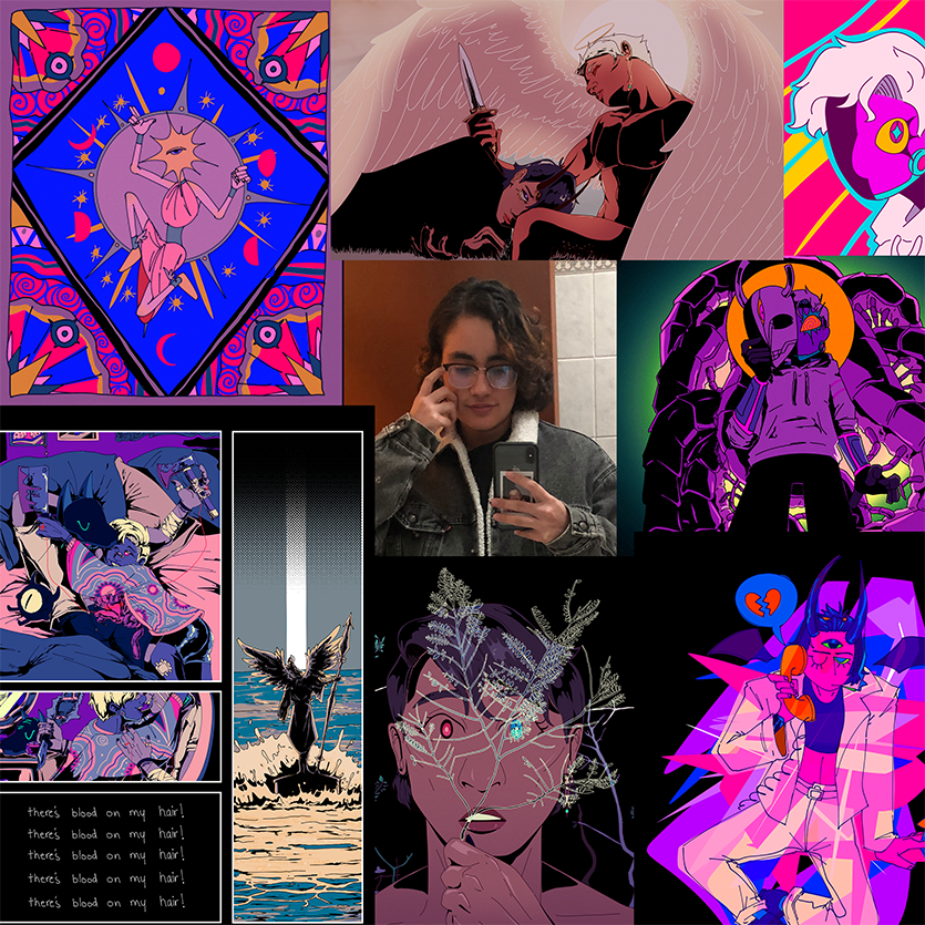 A collection of various illustrations surround an image of a young man with shoulder length hair and glasses taking a selfie.