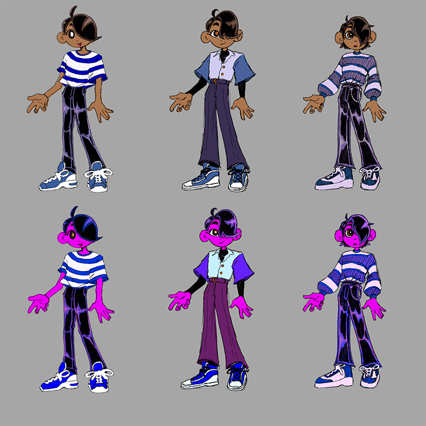 A collection of various illustrations surround an image of a young man with shoulder length hair and glasses taking a selfie.